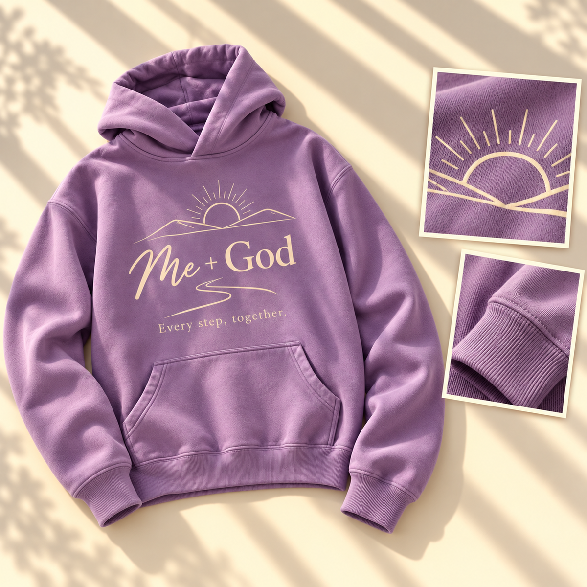 Me + God — Along the Way Hoodie — fabric, print, and finishing details