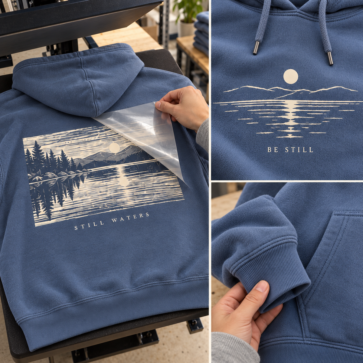 Still Waters Lake Hoodie — fabric, print, and finishing details