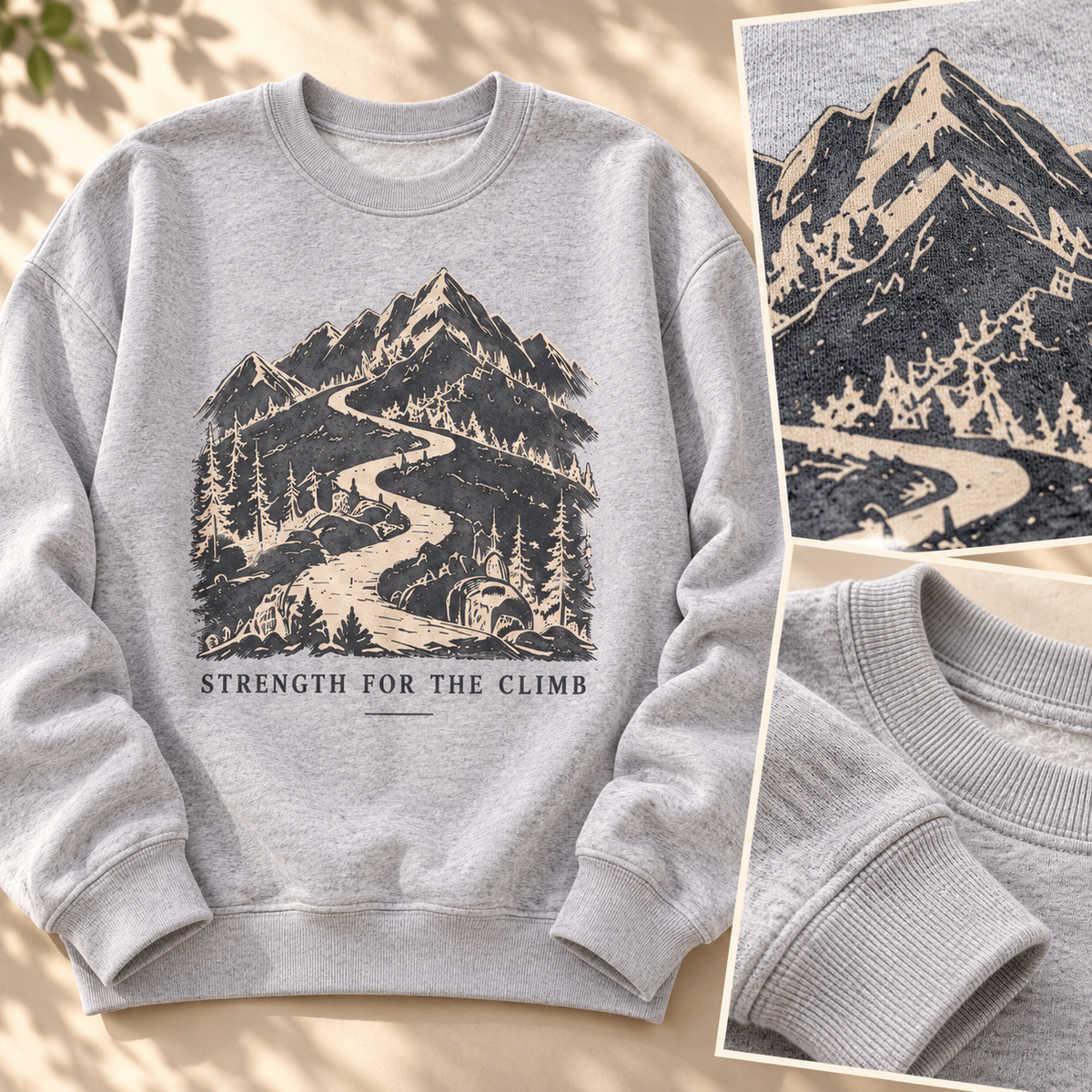 Strength for the Climb Crewneck Sweatshirt — fabric, print, and finishing details